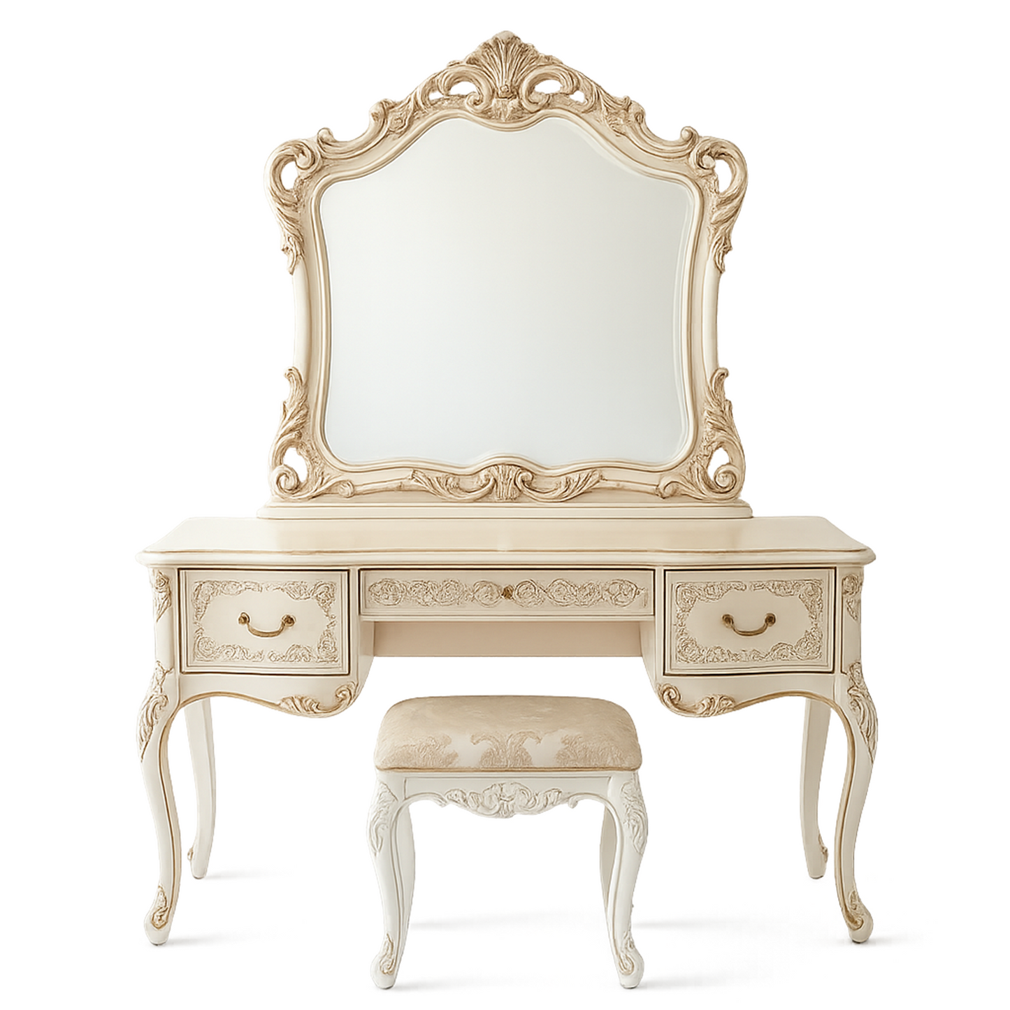 French Vintage Ornate Vanity Table Set with Mirror