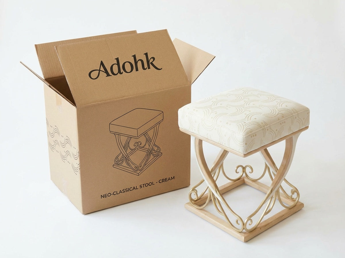 Neo-Classical Upholstered Square Stool with Wood & Wrought-Iron Scroll Base (Cream)