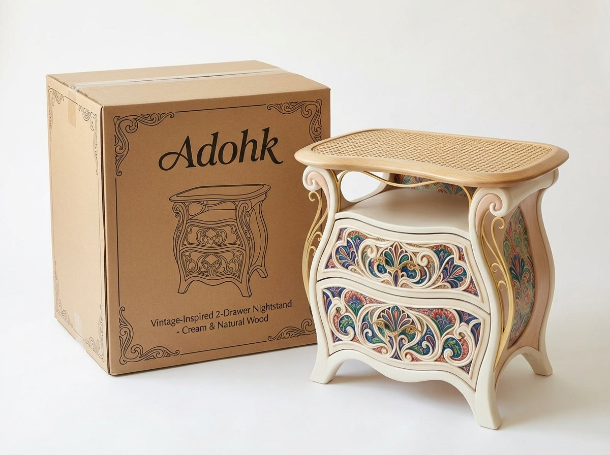 Vintage-Inspired 2-Drawer Nightstand with Hand-Painted Ornate Front (Cream & Natural Wood)