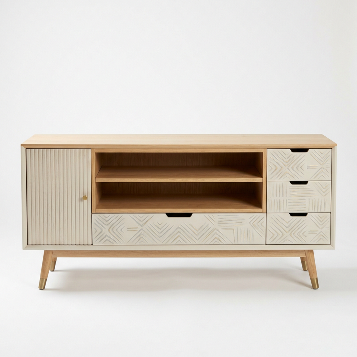 Natural Oak Carved-Front TV Stand / Media Console (Mid-Century Style)