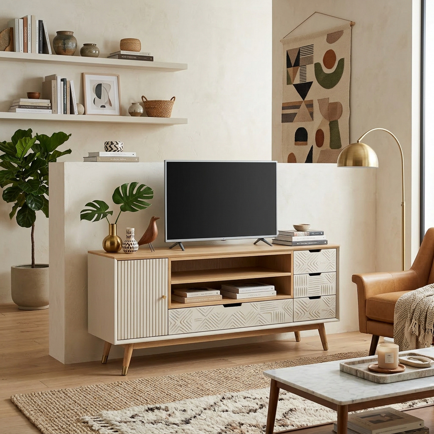 Natural Oak Carved-Front TV Stand / Media Console (Mid-Century Style)