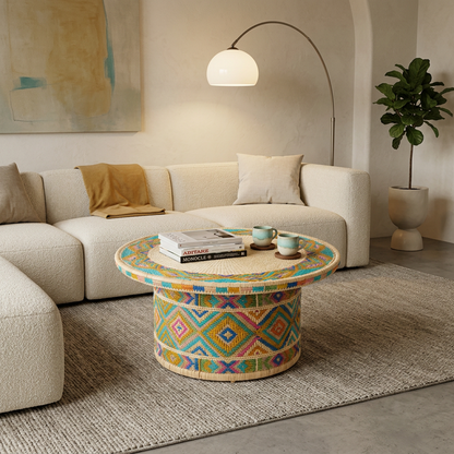 Handwoven Rattan Accent Table / Ottoman with Colorful Geometric Pattern (Round)