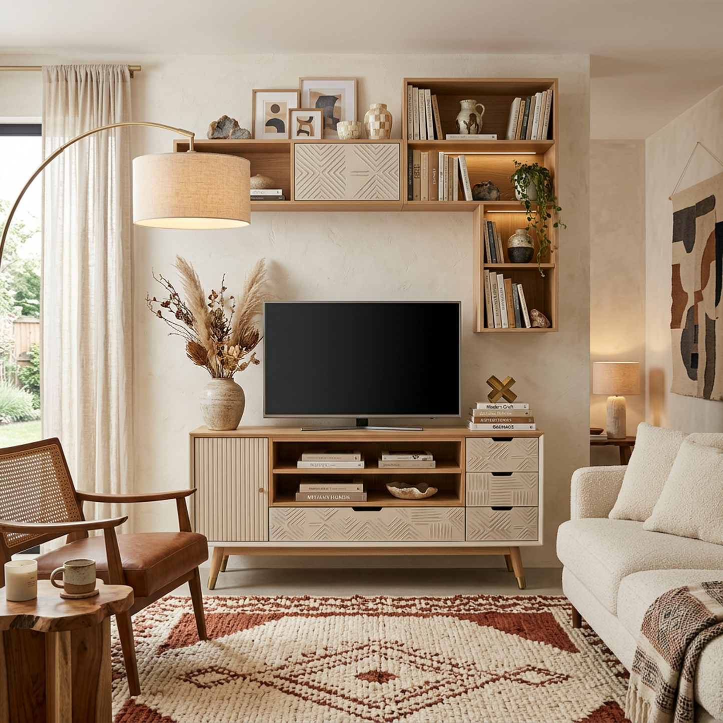 Natural Oak Carved-Front TV Stand / Media Console (Mid-Century Style)