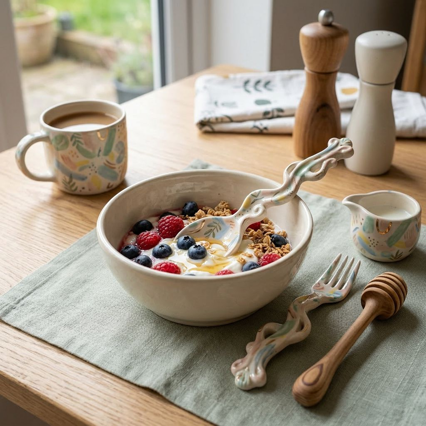 Hand-Painted Ceramic Spoon Rest / Serving Spoon (Pastel Floral Swirl Handle)