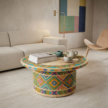 Handwoven Rattan Accent Table / Ottoman with Colorful Geometric Pattern (Round)