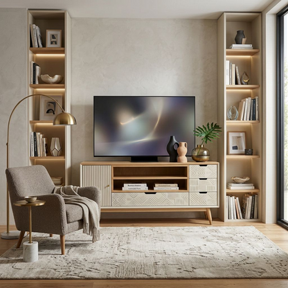 Natural Oak Carved-Front TV Stand / Media Console (Mid-Century Style)