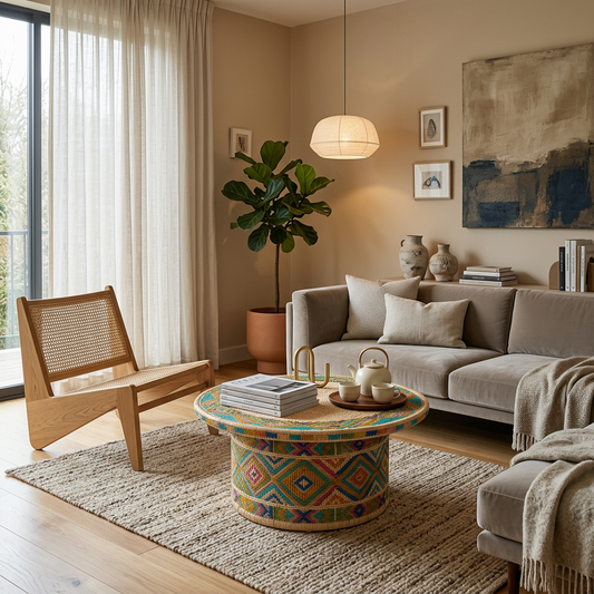 Handwoven Rattan Accent Table / Ottoman with Colorful Geometric Pattern (Round)