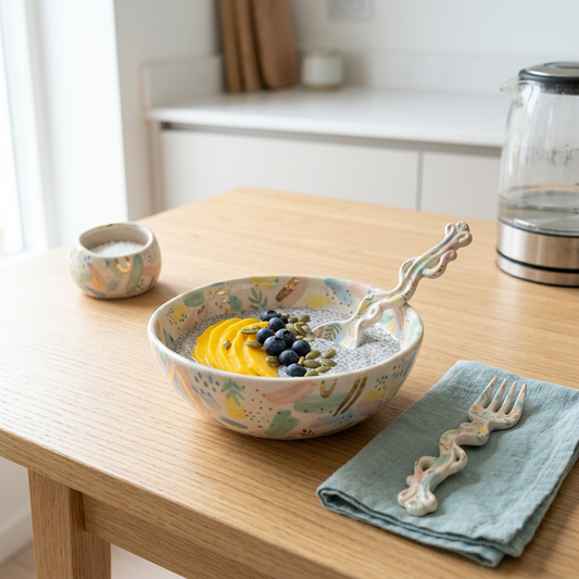 Hand-Painted Ceramic Spoon Rest / Serving Spoon (Pastel Floral Swirl Handle)