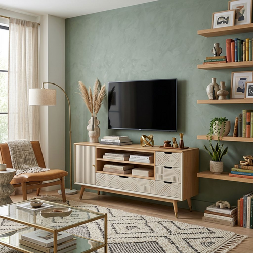 Natural Oak Carved-Front TV Stand / Media Console (Mid-Century Style)