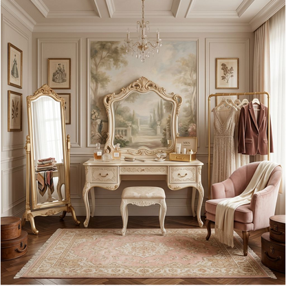 French Vintage Ornate Vanity Table Set with Mirror
