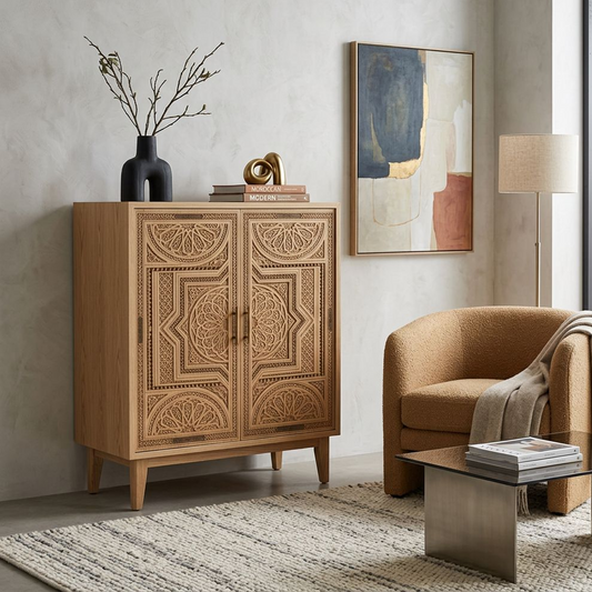 Carved Wooden Storage Cabinet with Double Doors & Interior Shelves (Natural Oak Tone)