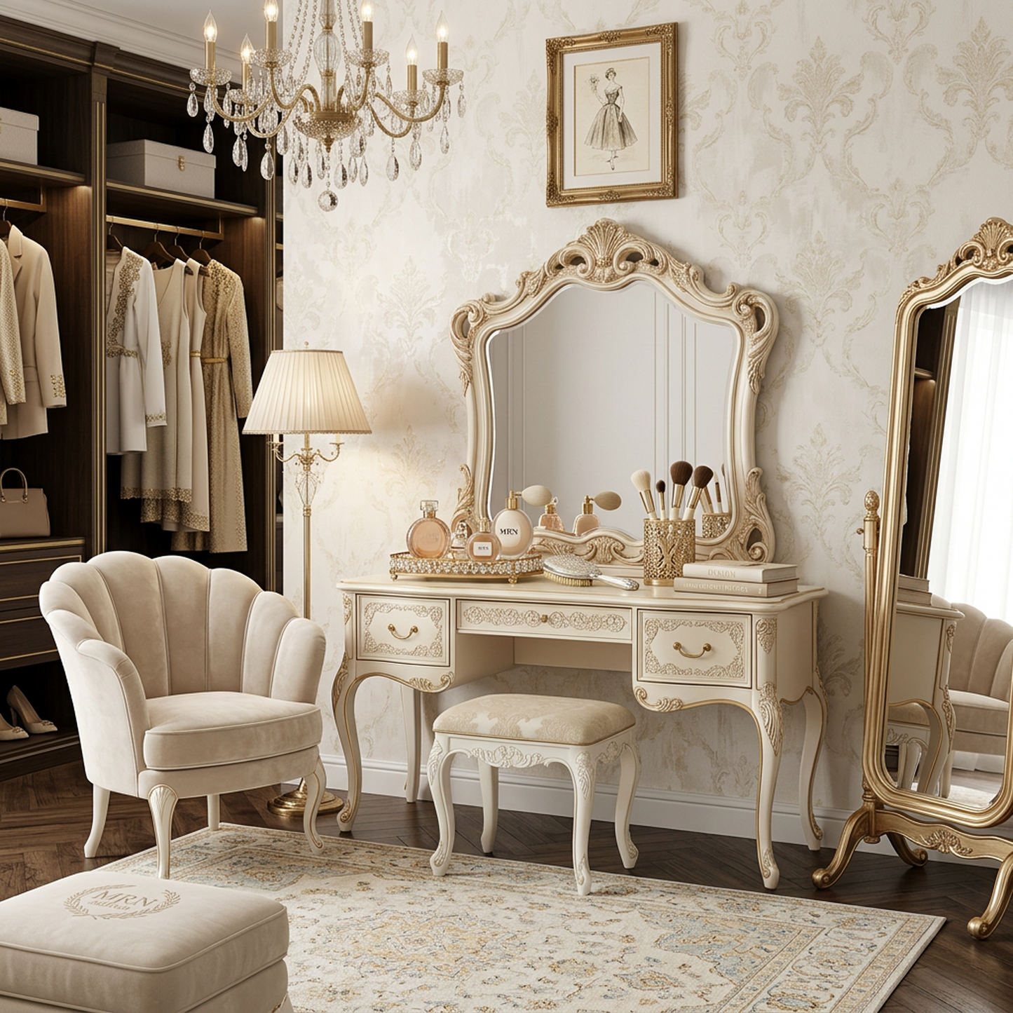 French Vintage Ornate Vanity Table Set with Mirror