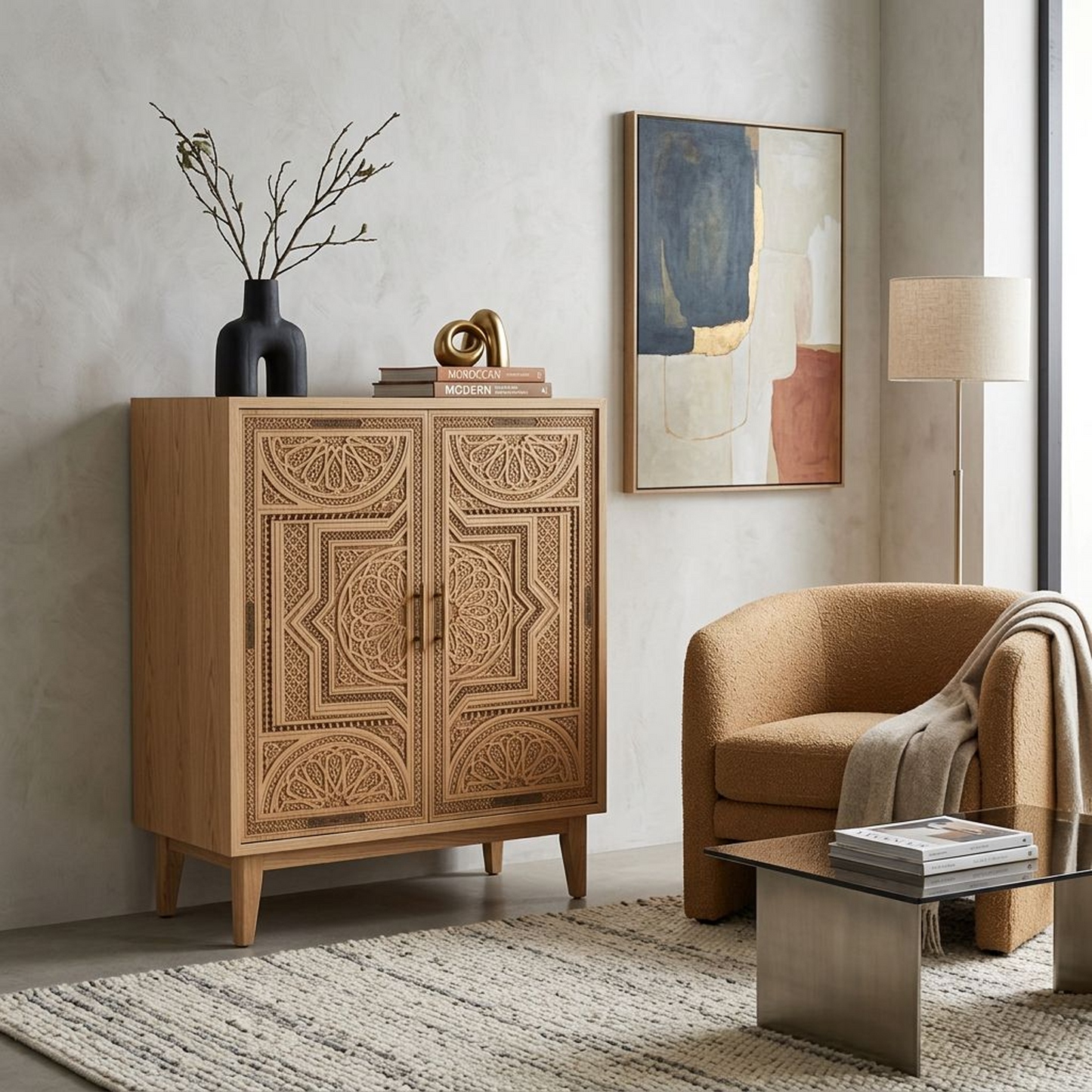Carved Wooden Storage Cabinet with Double Doors & Interior Shelves (Natural Oak Tone)