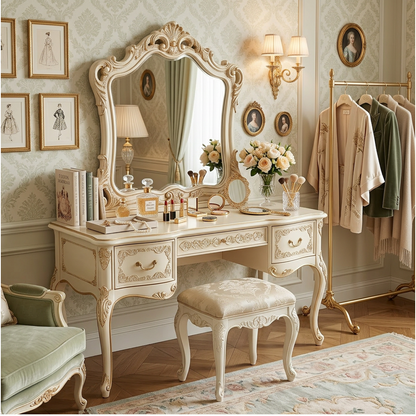 French Vintage Ornate Vanity Table Set with Mirror