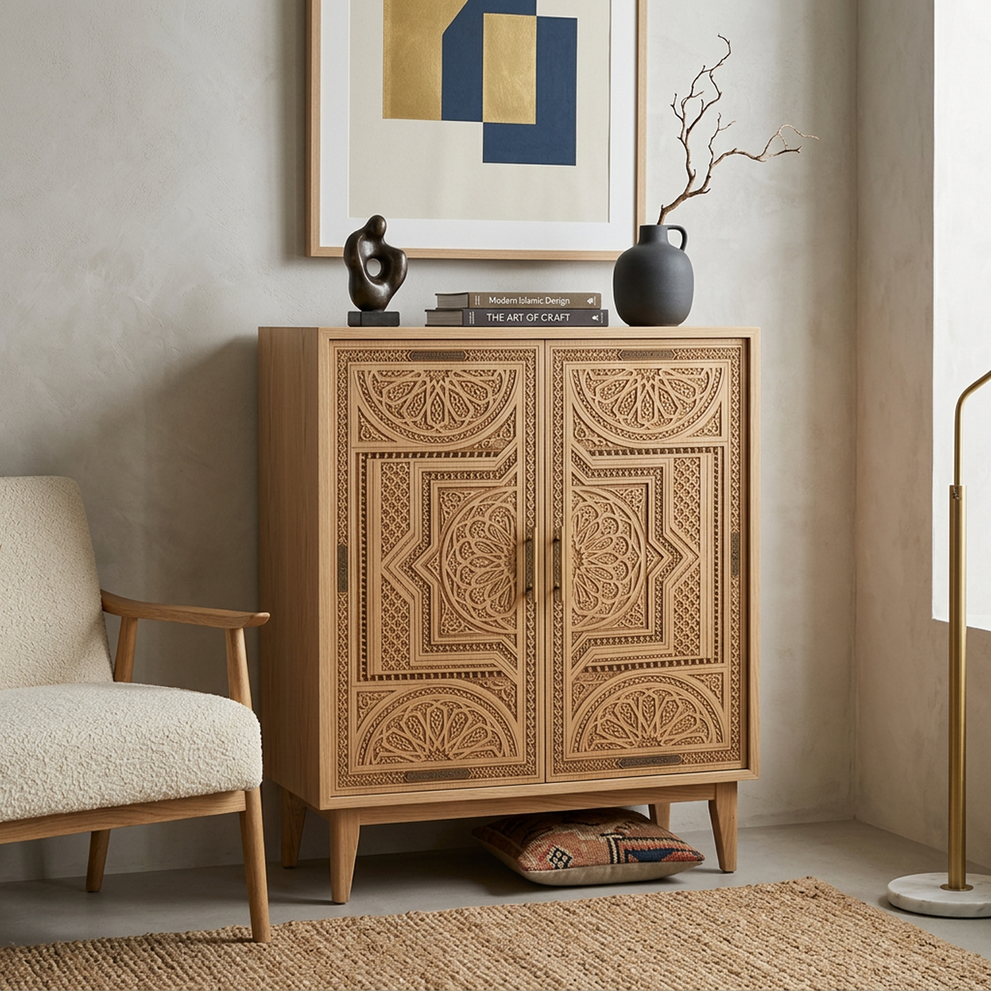 Carved Wooden Storage Cabinet with Double Doors & Interior Shelves (Natural Oak Tone)