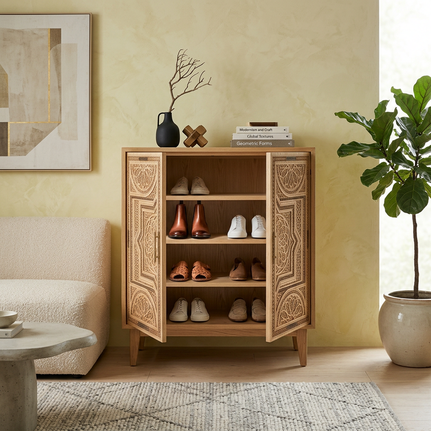 Carved Wooden Storage Cabinet with Double Doors & Interior Shelves (Natural Oak Tone)