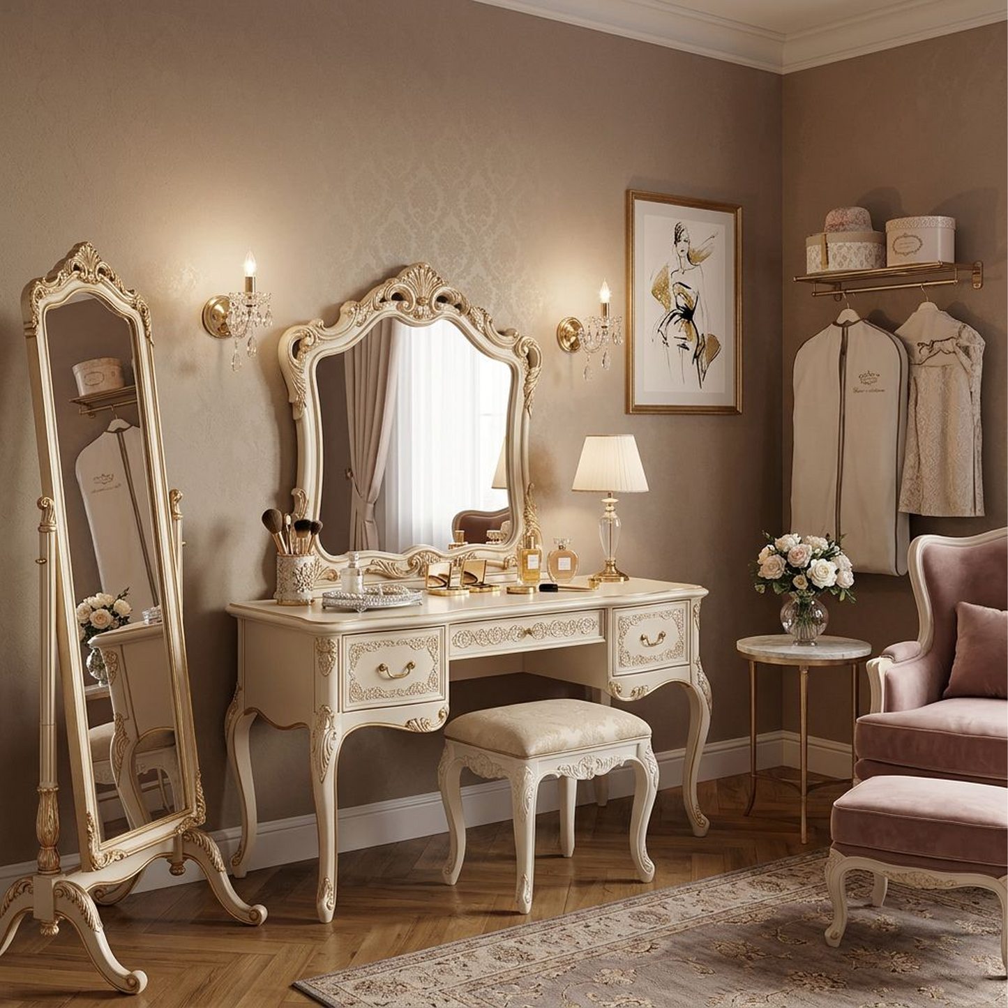 French Vintage Ornate Vanity Table Set with Mirror