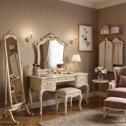 French Vintage Ornate Vanity Table Set with Mirror