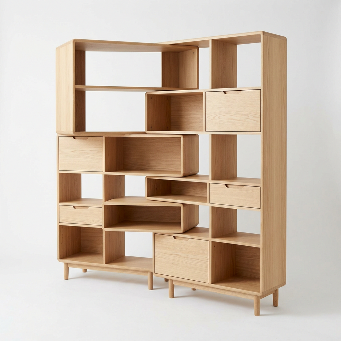 Natural Oak Modular Storage Bookshelf (Open Cubes + Drawers)
