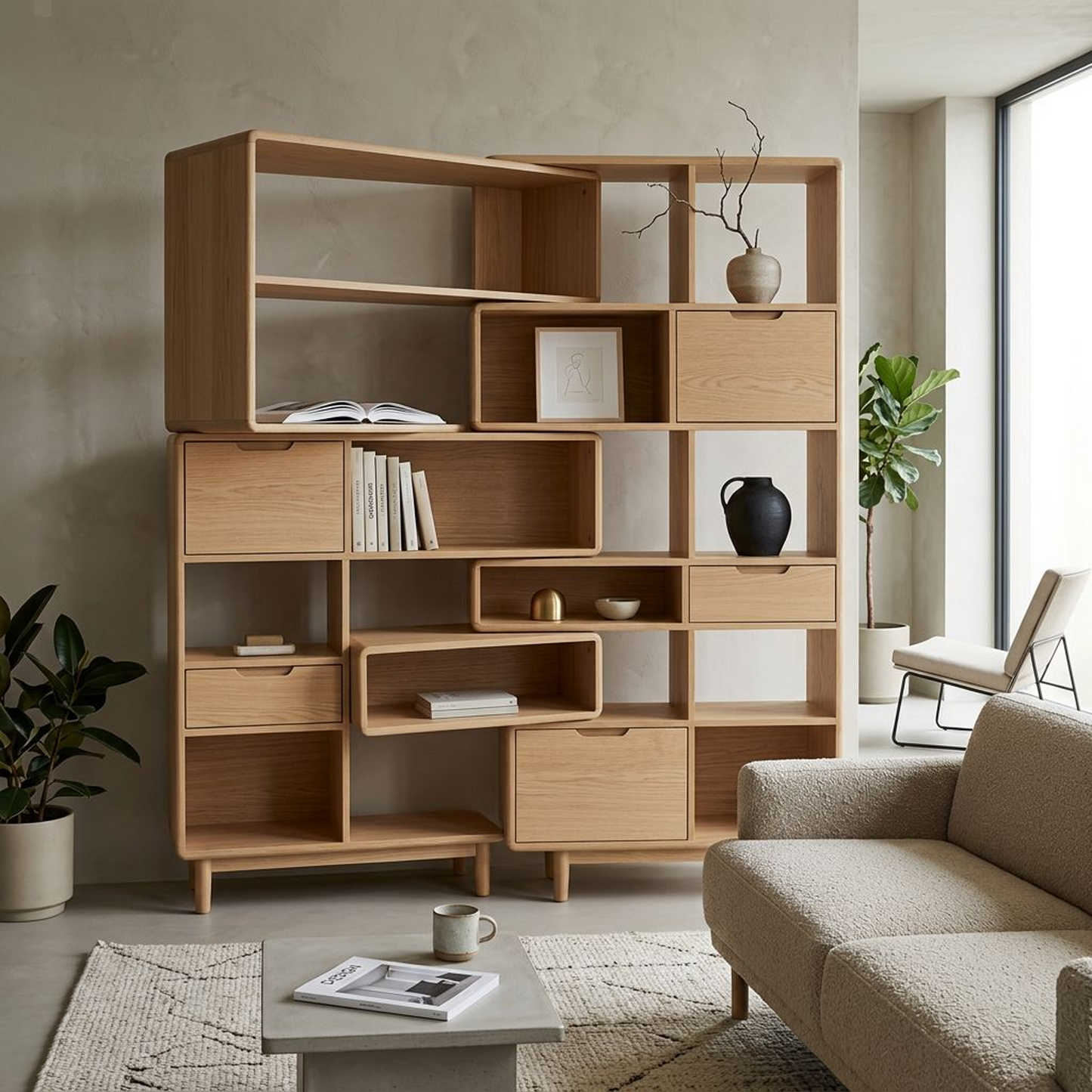 Natural Oak Modular Storage Bookshelf (Open Cubes + Drawers)