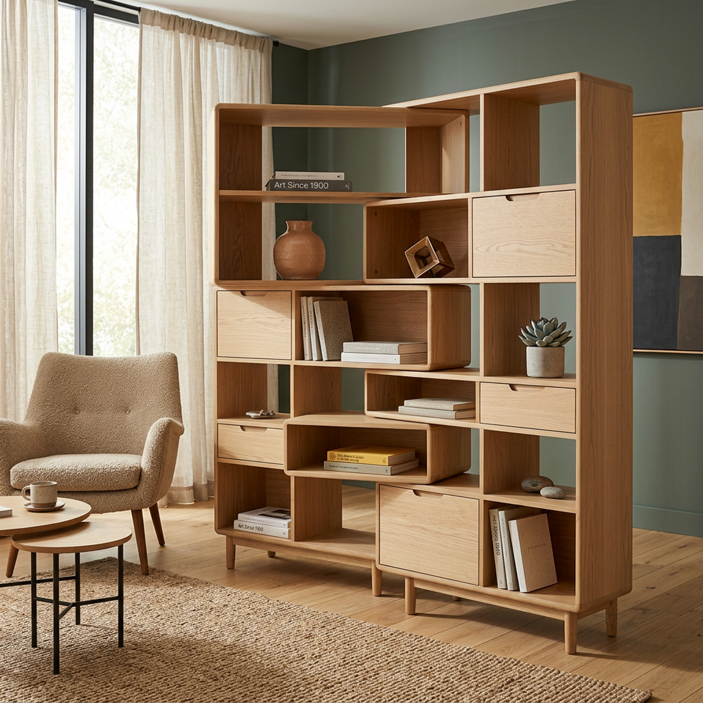 Natural Oak Modular Storage Bookshelf (Open Cubes + Drawers)