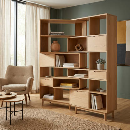 Natural Oak Modular Storage Bookshelf (Open Cubes + Drawers)