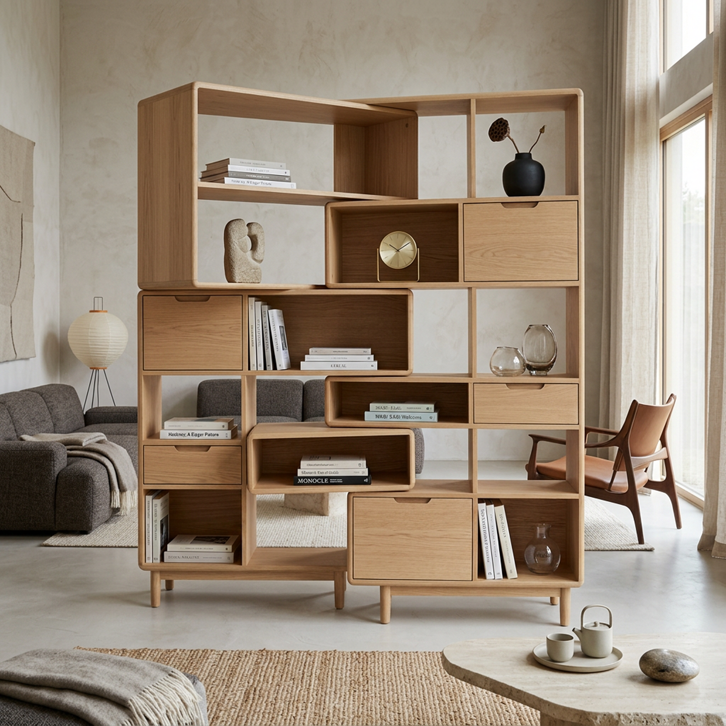 Natural Oak Modular Storage Bookshelf (Open Cubes + Drawers)
