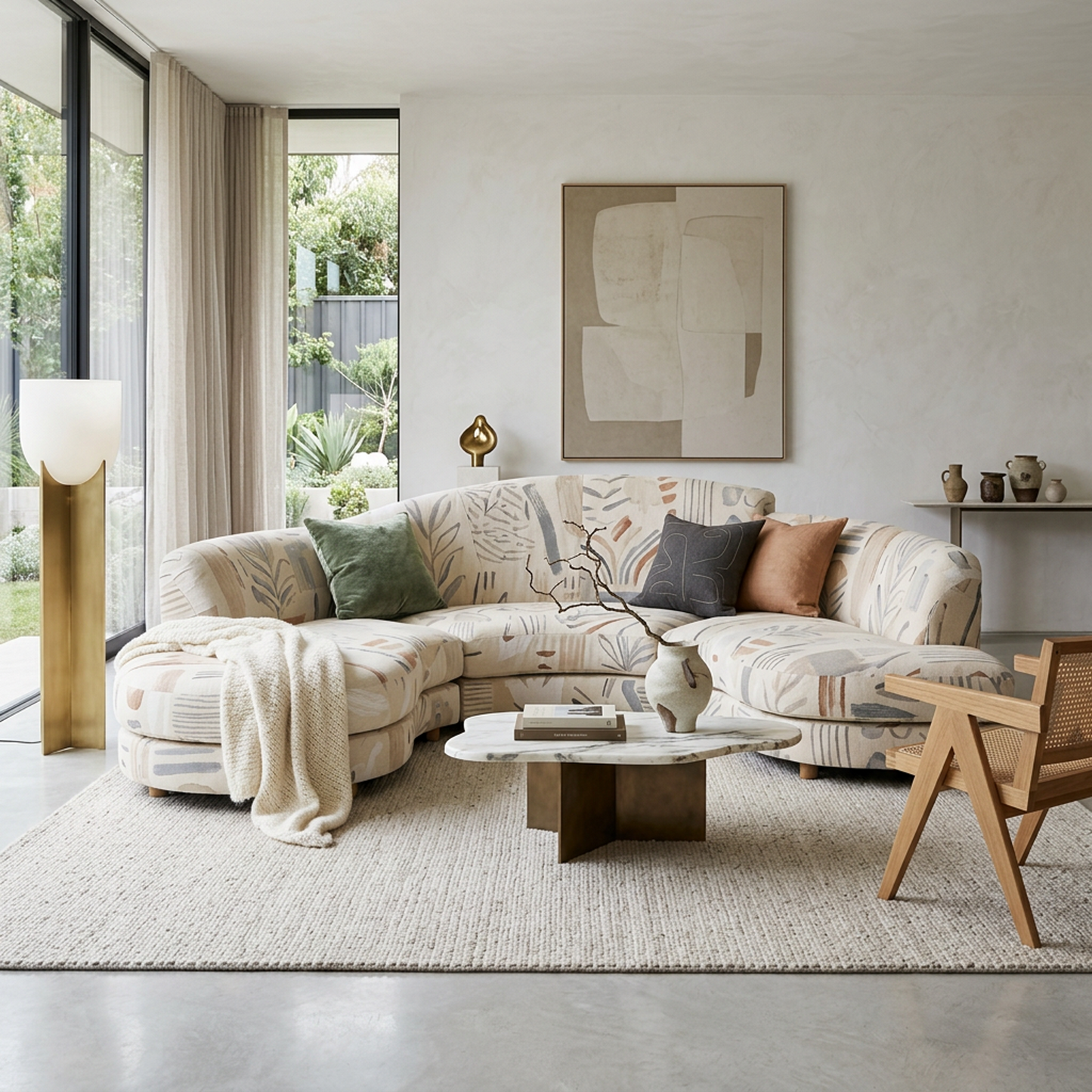 Cream Abstract-Print Curved Sectional Sofa (Modular Combination)