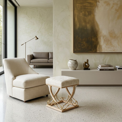 Neo-Classical Upholstered Square Stool with Wood & Wrought-Iron Scroll Base (Cream)