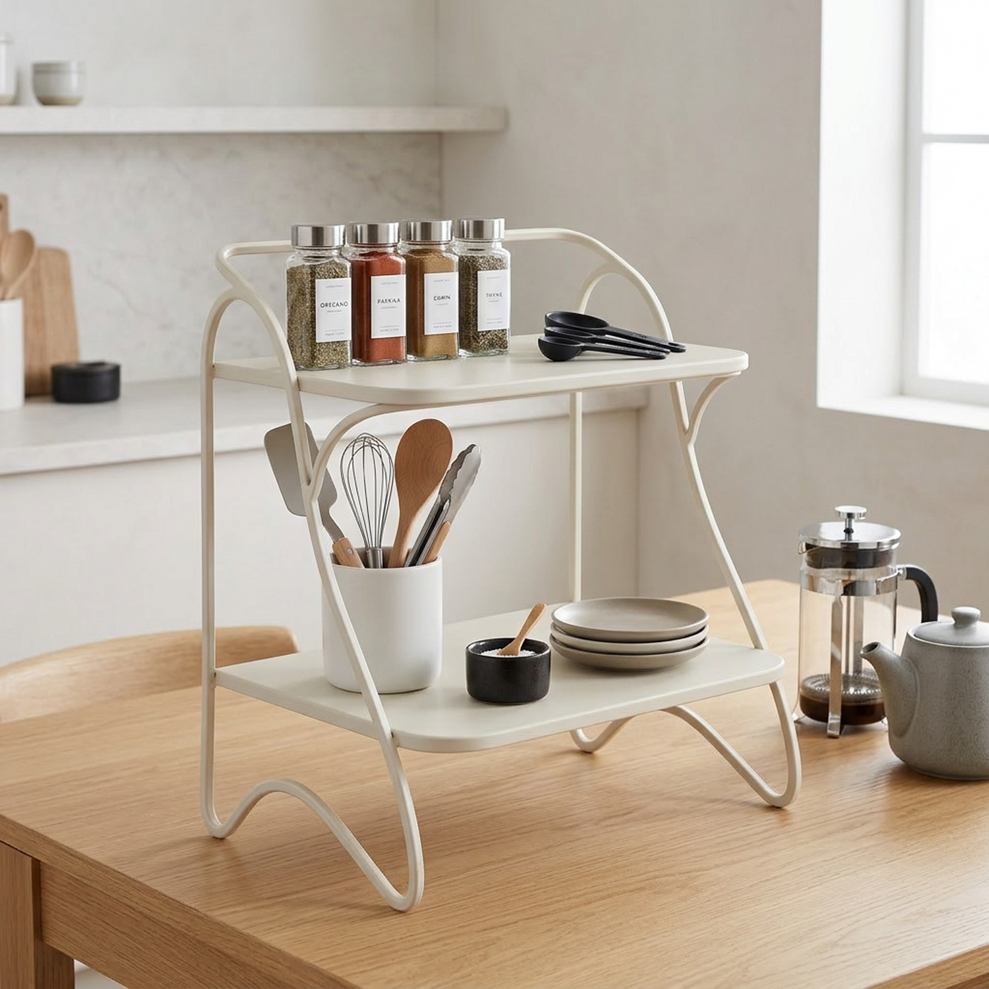 Minimalist 2-Tier Metal Storage Rack / Side Table (Matte White)