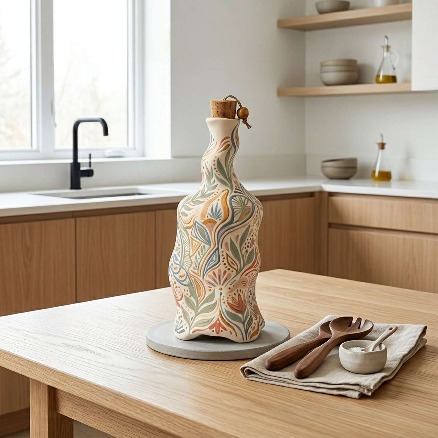 Hand-Painted Ceramic Oil & Vinegar Bottle with Cork Stopper (Pastel Botanical)
