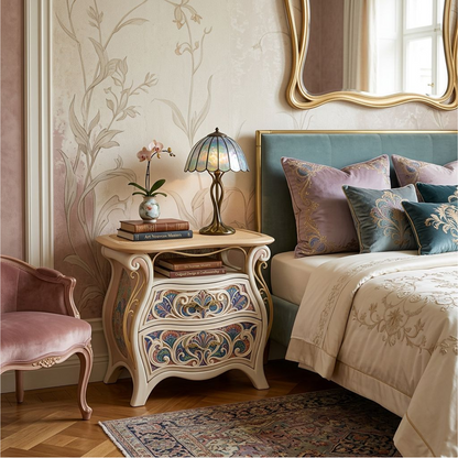 Vintage-Inspired 2-Drawer Nightstand with Hand-Painted Ornate Front (Cream & Natural Wood)