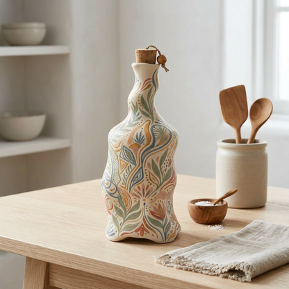 Hand-Painted Ceramic Oil & Vinegar Bottle with Cork Stopper (Pastel Botanical)