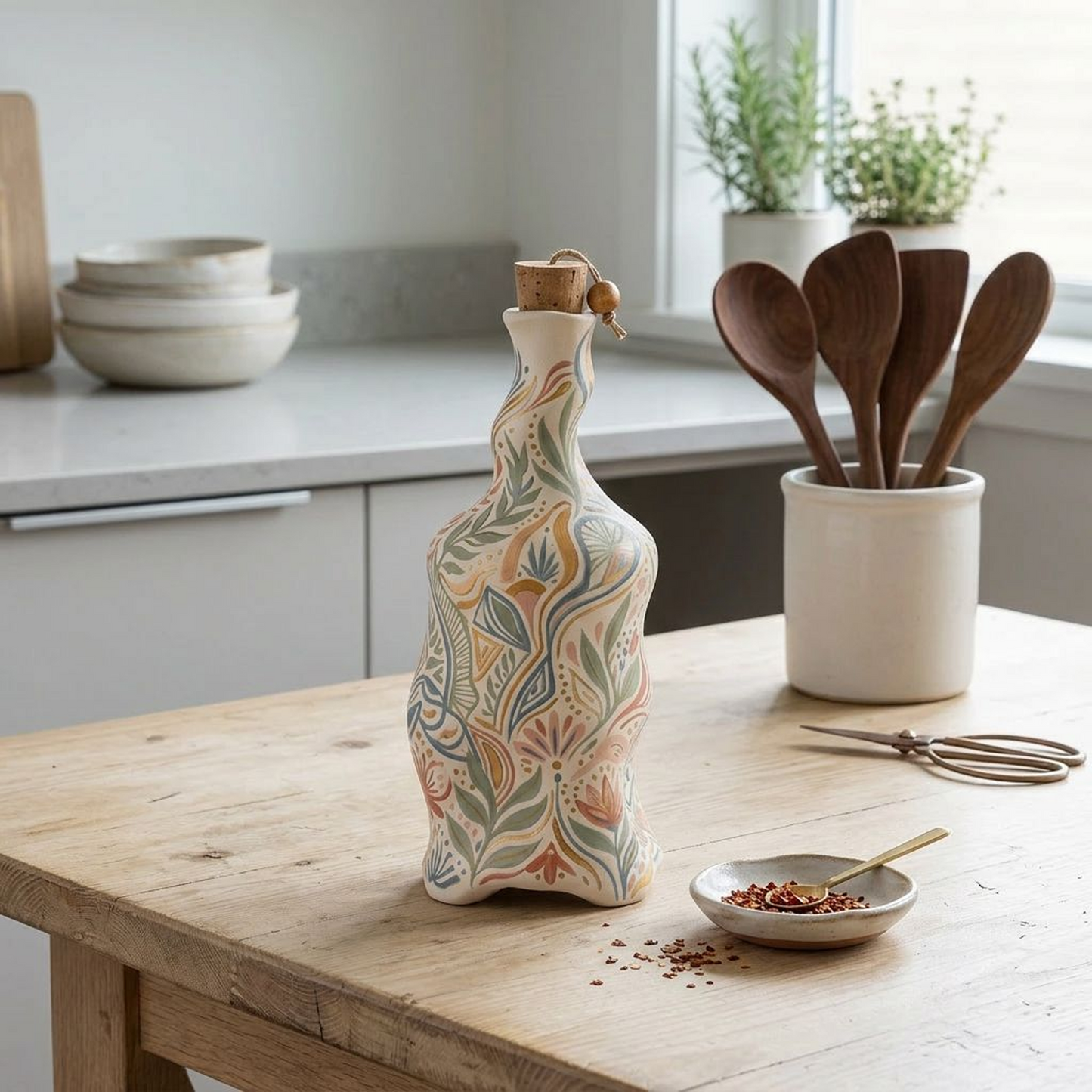 Hand-Painted Ceramic Oil & Vinegar Bottle with Cork Stopper (Pastel Botanical)
