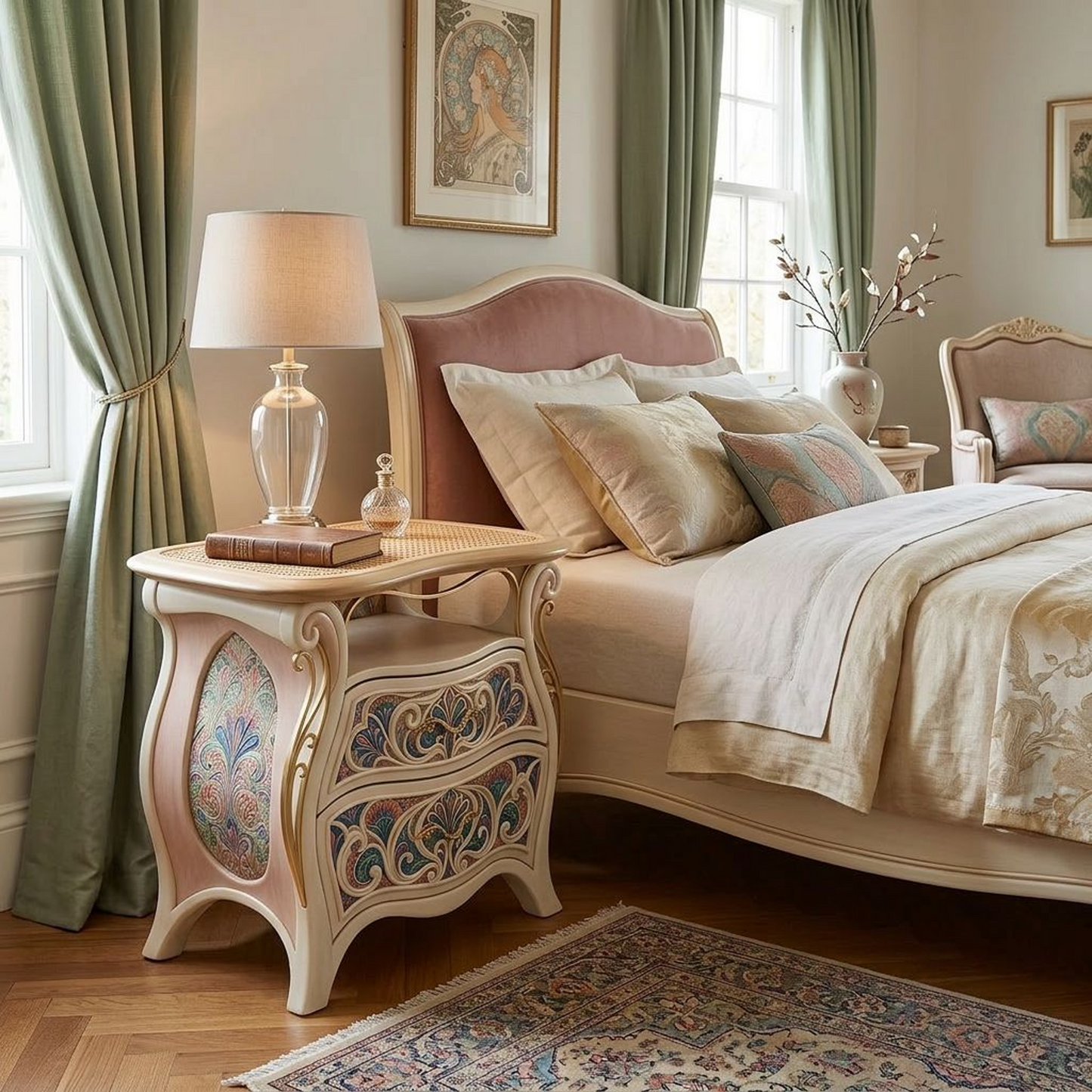 Vintage-Inspired 2-Drawer Nightstand with Hand-Painted Ornate Front (Cream & Natural Wood)