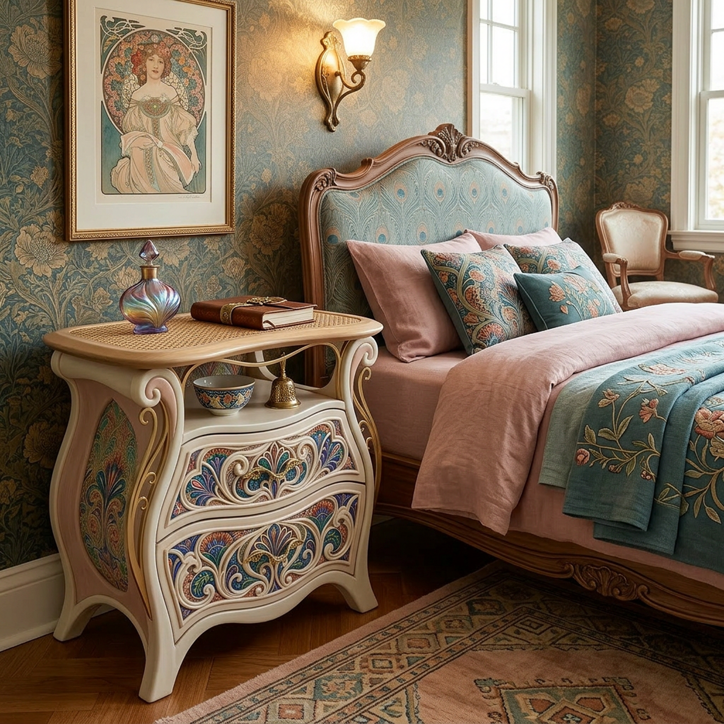 Vintage-Inspired 2-Drawer Nightstand with Hand-Painted Ornate Front (Cream & Natural Wood)