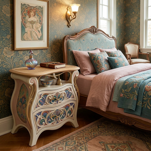 Vintage-Inspired 2-Drawer Nightstand with Hand-Painted Ornate Front (Cream & Natural Wood)