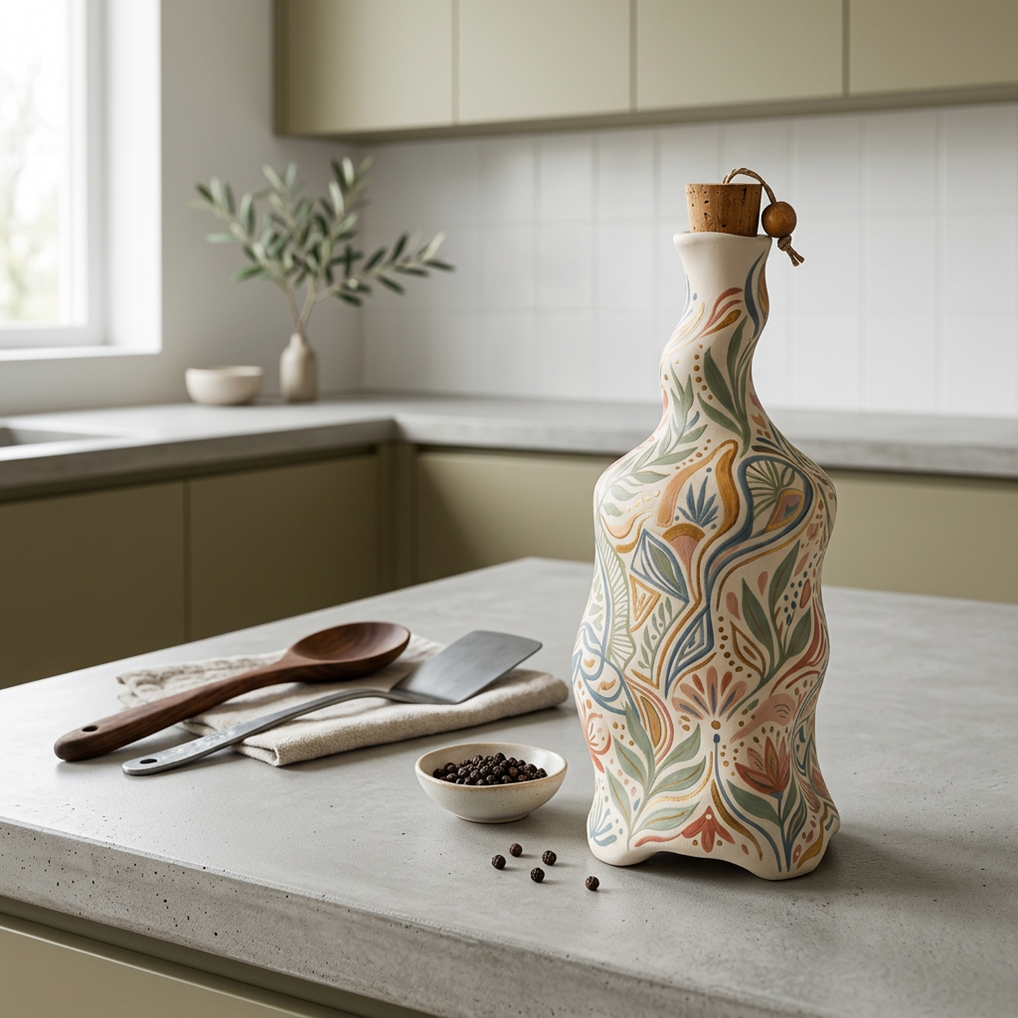 Hand-Painted Ceramic Oil & Vinegar Bottle with Cork Stopper (Pastel Botanical)
