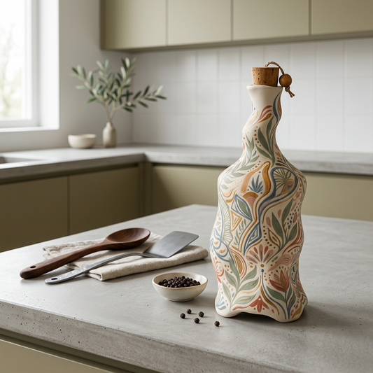 Hand-Painted Ceramic Oil & Vinegar Bottle with Cork Stopper (Pastel Botanical)