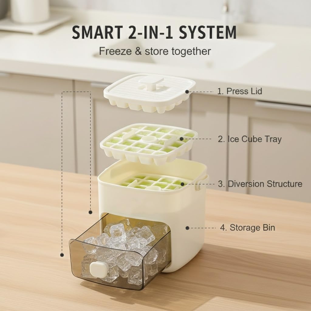 48 Cube Double-Deck Portable Ice Maker with Easy Press Lid. Silicone Trays & Durable Plastic. Countertop Kitchen Gadget for DIY Frozen Food. Summer Drinks & Beverage Cooling