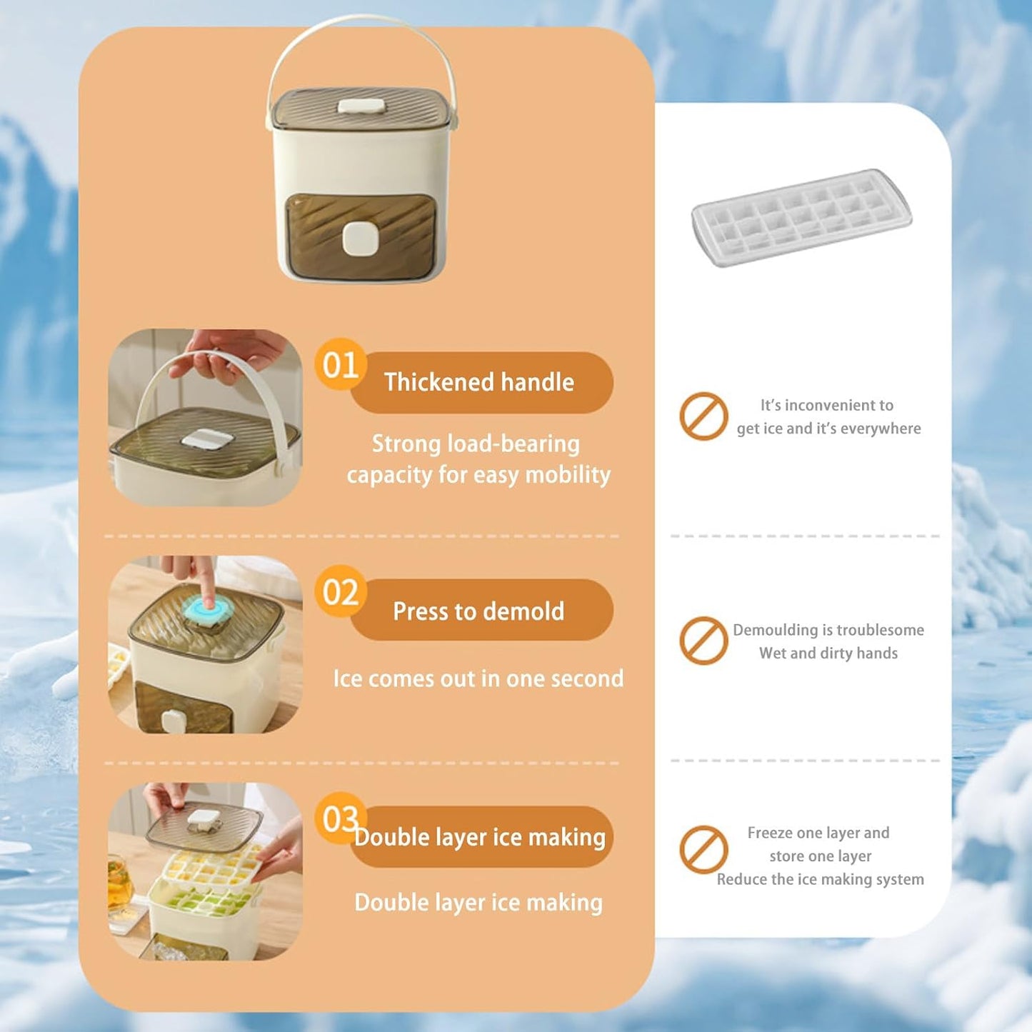 48 Cube Double-Deck Portable Ice Maker with Easy Press Lid. Silicone Trays & Durable Plastic. Countertop Kitchen Gadget for DIY Frozen Food. Summer Drinks & Beverage Cooling