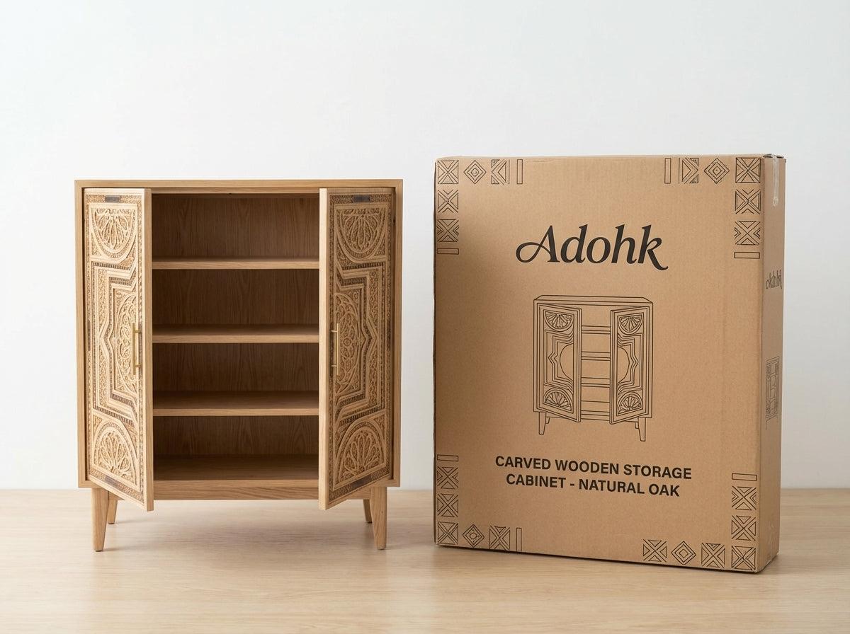 Carved Wooden Storage Cabinet with Double Doors & Interior Shelves (Natural Oak Tone)