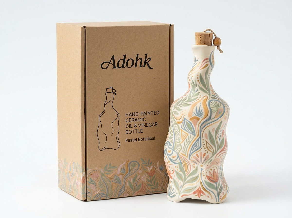 Hand-Painted Ceramic Oil & Vinegar Bottle with Cork Stopper (Pastel Botanical)