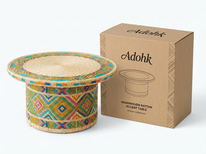 Handwoven Rattan Accent Table / Ottoman with Colorful Geometric Pattern (Round)